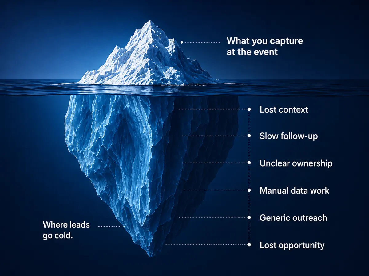 An iceberg showing that visible lead data is only the tip of the context captured at a trade show.